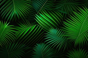 Background of green palm leaves on a black background.