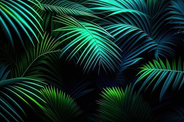 Obraz premium Background of green palm leaves on a black background.