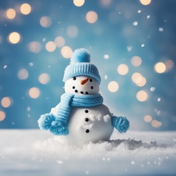 Cute snowman wearing blue scarf on a snowy area and bokeh light background