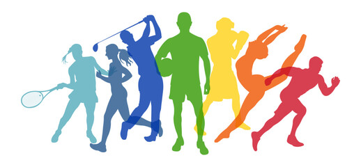 Sports Association.Silhouettes of athletes of different sports.Horizontal banner for sports schools.Vector illustration,isolated on white background. - obrazy, fototapety, plakaty