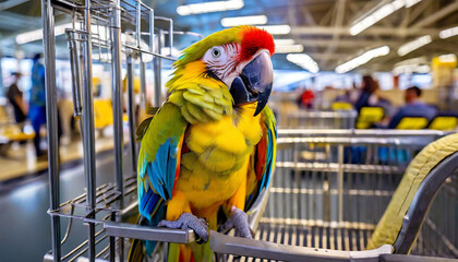 a tame parrot sits in an open cage at the airport waiting to board a plane traveling with your favorite animals
