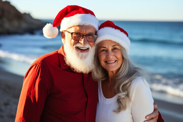 Two cheerful lovely sweet tender beautiful adorable cute romantic grey-haired married senior spouses husband wife in red Santa's Christmas hats hugging each other celebrating on the ocean sea beach