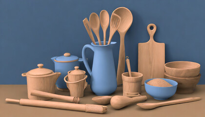 Fototapeta na wymiar wooden kitchen utensils tools and equipment on monochrome background