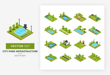 Foto op Aluminium City park infrastructure isometric set elements. Collection of vector modern urban futuristic city park infrastructure buildings of creative shapes and green plants isolated. Color Editable Eps 10 © massadou_std