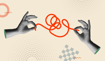 Hands working together to untangle red rope in retro 90s collage vector style - obrazy, fototapety, plakaty