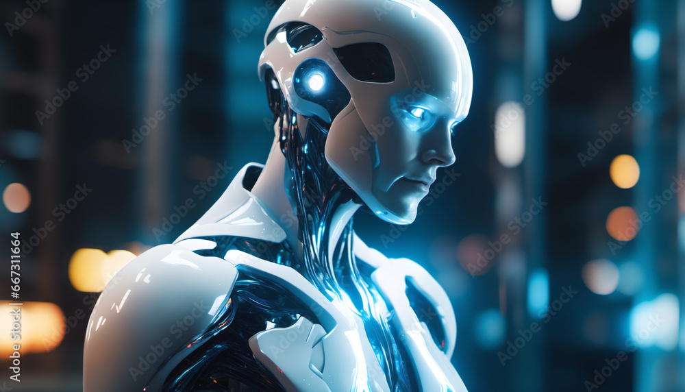 Poster side view of an ai robot displaying tech sophistication; ideal for tech-themed web designs.