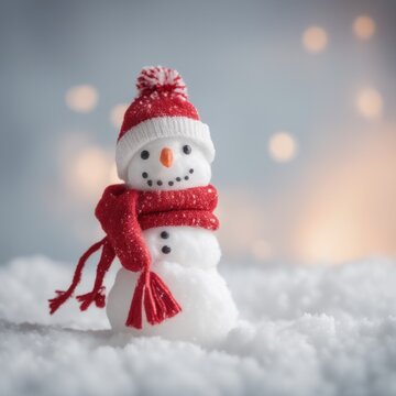 Cute snowman wearing red scarf on a snowy area and bokeh light background