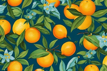 Vibrant citrus fruit and leaf pattern with a summery feel. Generative AI