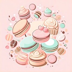  illustration of macaroons, cake, cupcakes, generative AI