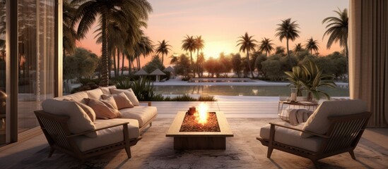 Fototapeta premium Artificial Intelligence rendering of a spacious terrace with armchairs palm trees and a large fireplace illuminated by the evening sun in the yard