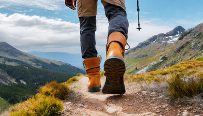 man hiking up a mountain trail with a close up of his leather hiking boots the hiker shown in motion with one foot lifted off the ground and the other planted on the mountain trail generative ai