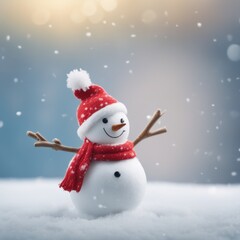 Fototapeta premium Cute snowman wearing red scarf on a snowy area and bokeh light background