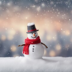 Fototapeta premium Cute snowman wearing red scarf on a snowy area and bokeh light background