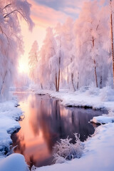 Beautiful winter landscape, covered trees, iced river