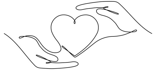 Hands holding heart continuous one line drawing. Charity donation linear concept. Vector illustration isolated on white.