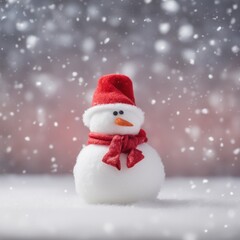 Naklejka na ściany i meble Cute snowman wearing red scarf on a snowy area and bokeh light background