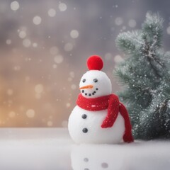 Fototapeta premium Cute snowman wearing red scarf on a snowy area and bokeh light background