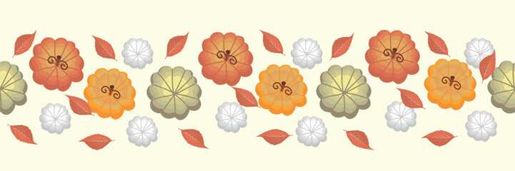 Many pumpkins and autumn leaves on beige background, top view