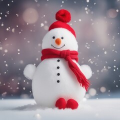 Fototapeta premium Cute snowman wearing red scarf on a snowy area and bokeh light background