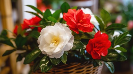 White and red camellia flowers in a basket on the table. Camellia Flower. Mother's day concept with a space for a text. Valentine day concept with a copy space.