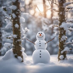 Fototapeta premium A Cute snowman on a snowy area and bokeh snow background