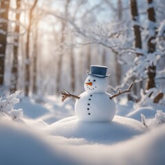 Obraz premium A Cute snowman on a snowy area and bokeh snow background