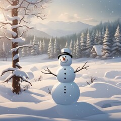 Obraz premium A Cute snowman on a snowy area and bokeh snow background