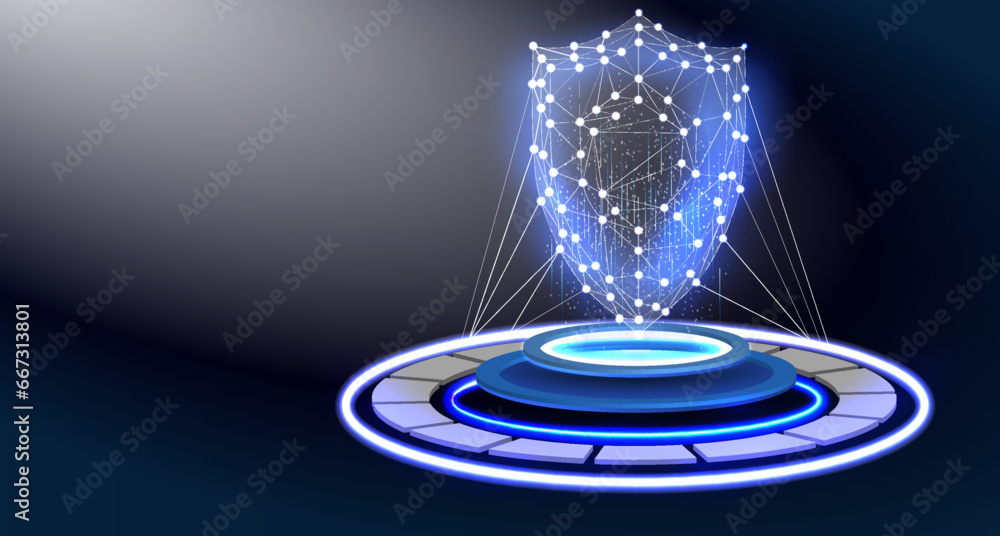 Aufkleber shield 3d low poly symbol with connected dots for blue landing page. guard shield. cyber security co