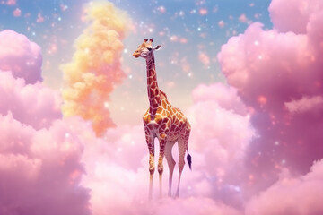 a giraffe standing in the sky on a cloud,, Generative Ai