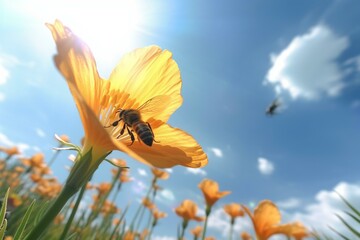 Bee on flower, blue sky, sun in background. Generative AI