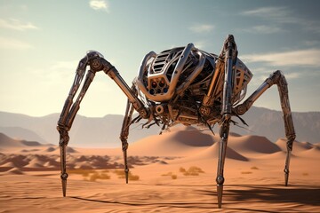 Realistic robotic arachnid in a regional landscape background. 3D render. Generative AI - obrazy, fototapety, plakaty