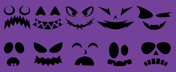 Set of Halloween monster and ghost faces on violet background