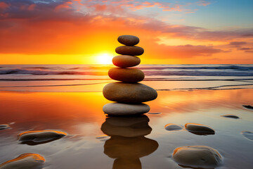 Stones balance on the sunset sea background