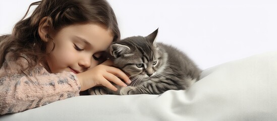 A child interacts with a striped cat on the couch
