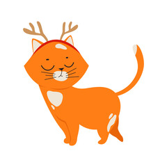 Cute cat with Christmas deer antlers on white background