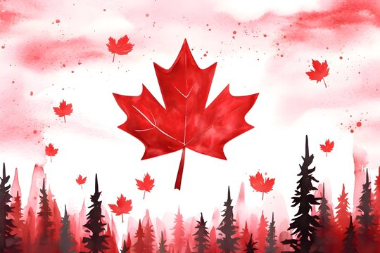 Watercolored maple leaf, national symbol of Canada, abstract background