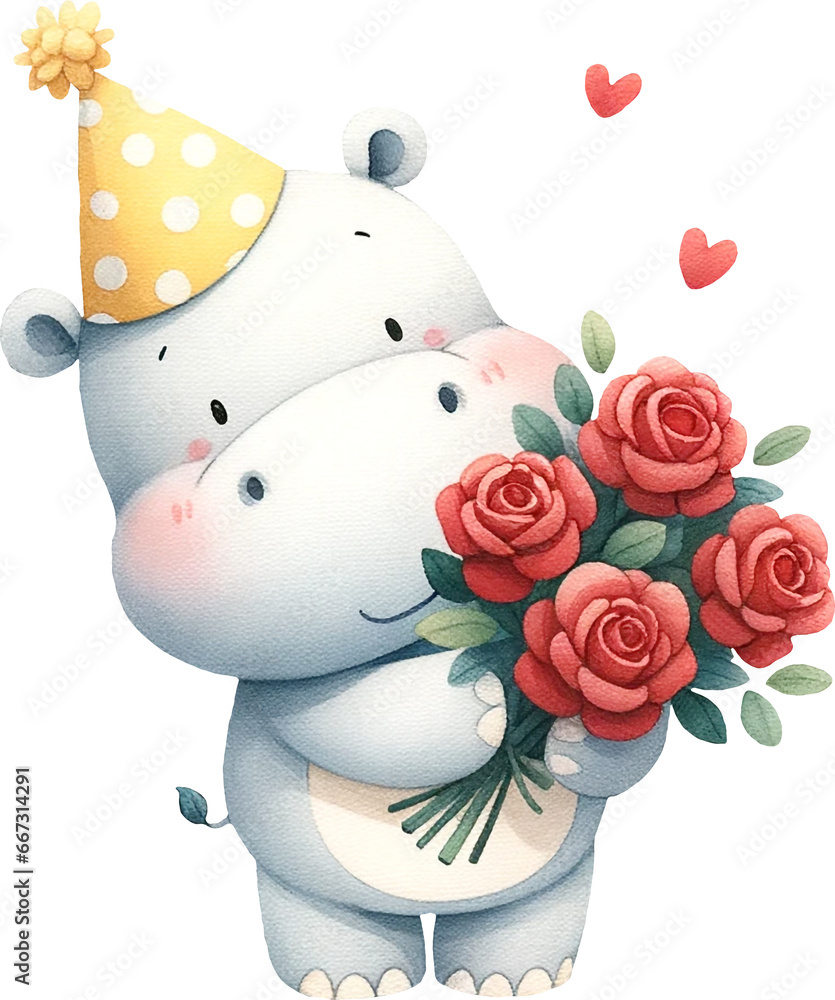 Poster cute hippo character illustration created with generative ai technology