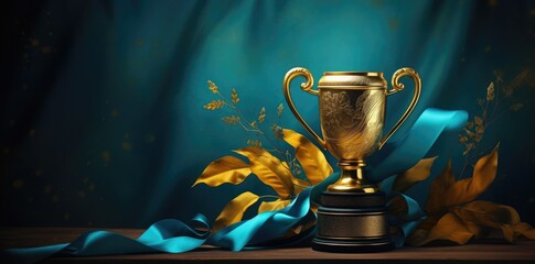 Golden trophy with a blue background. Sports victory and success concept.
