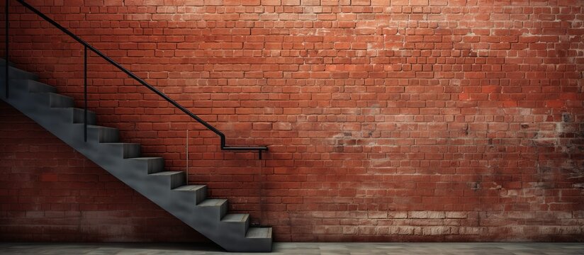 Fototapeta Red brick wall features a sign for the staircase