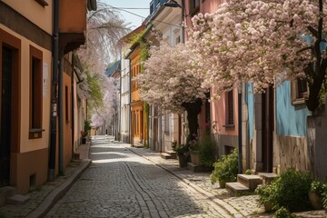Fototapeta na wymiar Blossoming streets in historic town. Generative AI