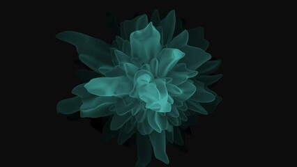 A vibrant, luminescent 3D flower emerges from the darkness. Its translucent petals form a circular pattern, pouring ethereal, glowing light into the surroundings - Powered by Adobe