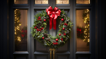 Fototapeta na wymiar Christmas wreath with red bow and berries on the door close up