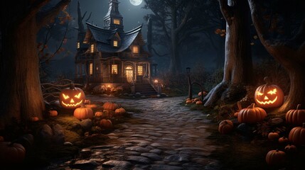 Fototapeta na wymiar A witch's cottage nestled deep in a dark woods, with glowing pumpkins lining the path. 4k 