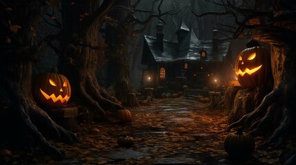 A witch's cottage nestled deep in a dark woods, with glowing pumpkins lining the path. 4k 