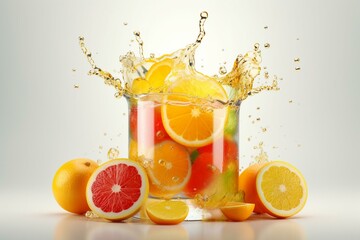 Refreshing citrus fruit juice with a swirling splash. Variety of citrus fruits - tangerine, lemon, orange, pineapple, mandarin, peach, and mango in a glass spiral. Healthy and vibrant. Generative AI