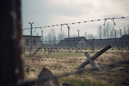 Fence made of barbed wire and wooden posts. Prison camp. Generative AI