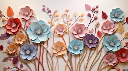 Elegant colorful 3D flowers with leaves on a tree illustration background. 3D abstraction wallpaper...