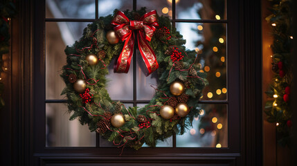 Christmas wreath with red bow and berries on the door close up
