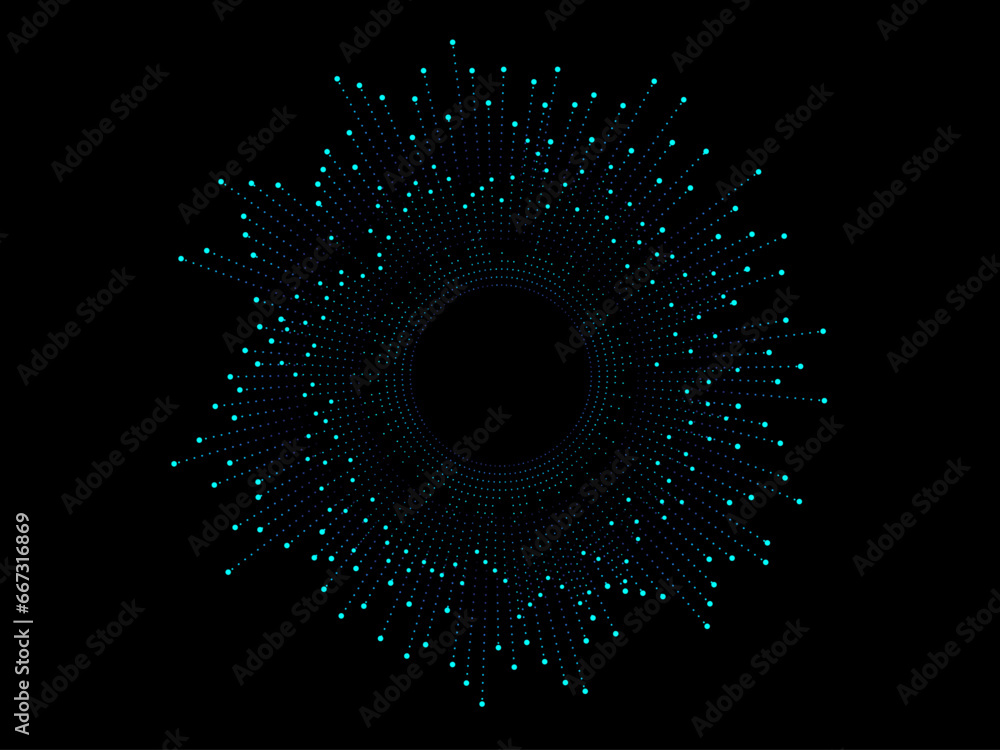Leinwandbilder Abstract explosion circle frame with dots line Pattern equalizer pattern in blue green color isolated on black background. Vector illustration in concept of music, technology, science, digital, AI. 