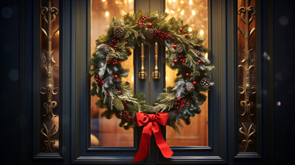 Fototapeta na wymiar Christmas wreath with red bow and berries on the door close up